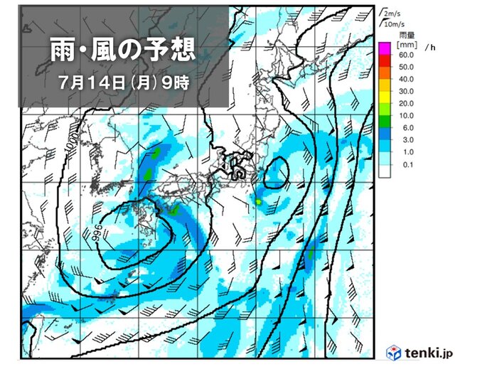 14日(月)頃　関東～北海道でも雨が強まる可能性