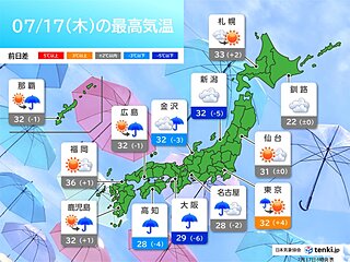 今日17日も日本海側を中心に気温上昇　厳しい暑さ　局地的に雷雨　落雷による停電も