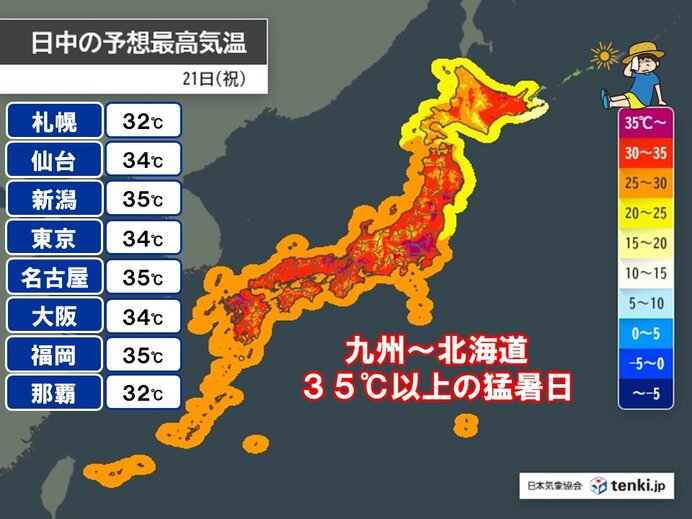 10日ぶりに猛暑日100地点超え　明日21日は更に猛暑日地点増　危険な暑さ長期戦