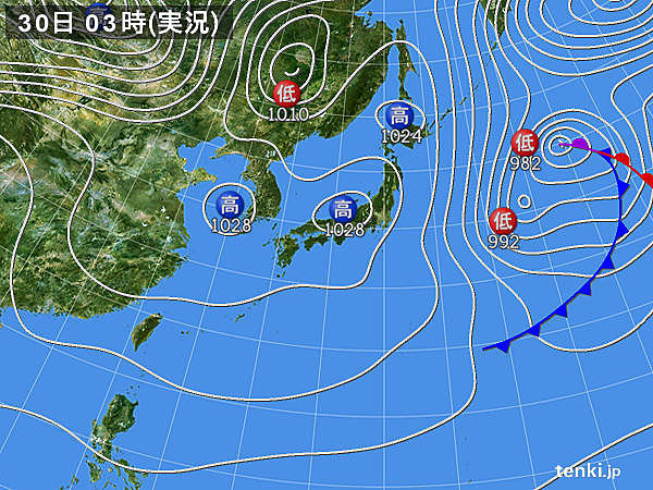 30日　穏やかな晴れ　夜は日本海側で雨