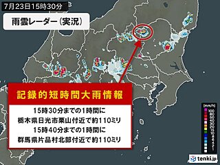 栃木県と群馬県で1時間に約110ミリの猛烈な雨　「記録的短時間大雨情報」