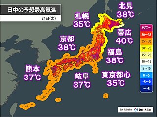 24日も危険な暑さが続く　北海道の東部は記録的な高温　帯広で40℃予想