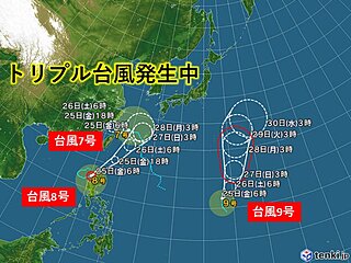 トリプル台風発生中　台風7・8号は沖縄へ影響　台風9号も北上中　強風・高波警戒