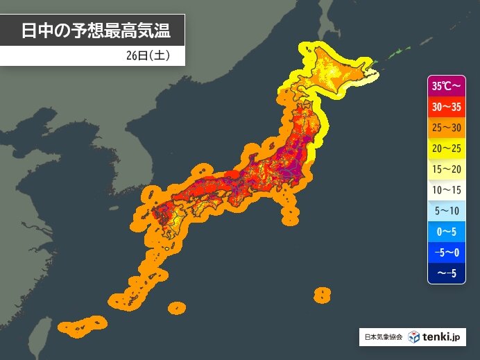 今日26日(土)東北南部～九州北部は強烈な日差しと猛暑　午後は滝のような雨の所も
