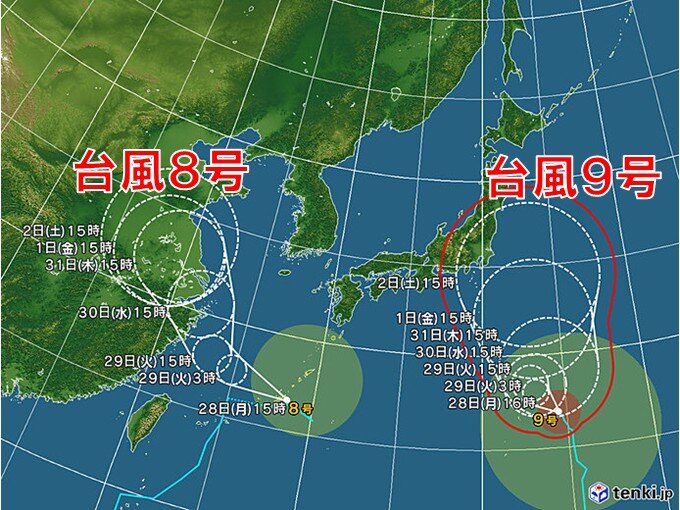 W台風が日本列島に影響　9号は8月はじめに関東接近の恐れ　8号は沖縄通過後も注意