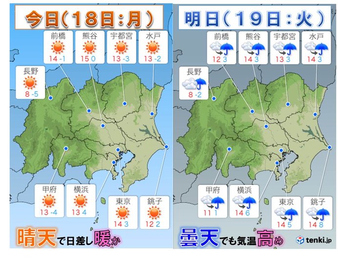 18日　関東　全域晴天　春らしい陽気