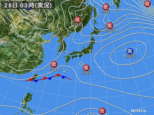25日　関東や九州南部に春の雨