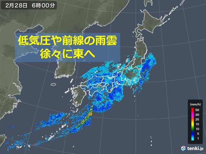 今朝　前線や低気圧の雨雲　東進中