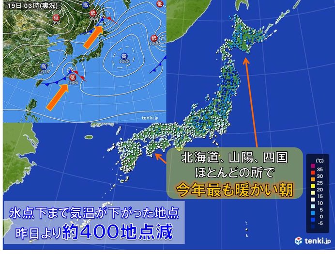 北海道や中国、四国で今年に入って最も暖かい朝