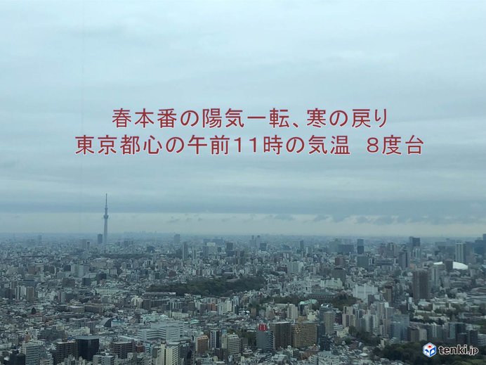 寒さ戻る　都心の午前11時の気温　8度台