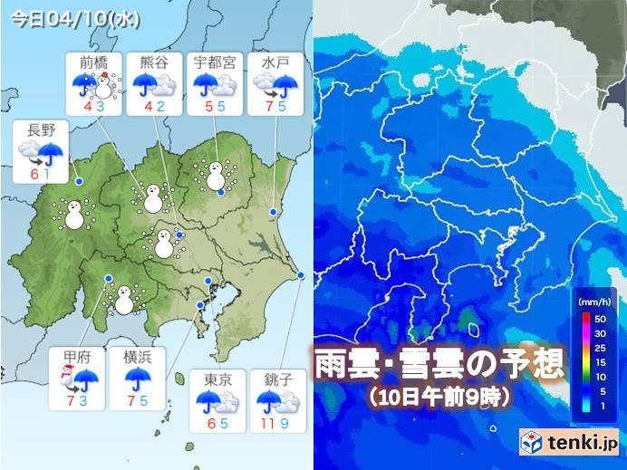関東10日　冷たい雨の一日に　内陸は雪の所も