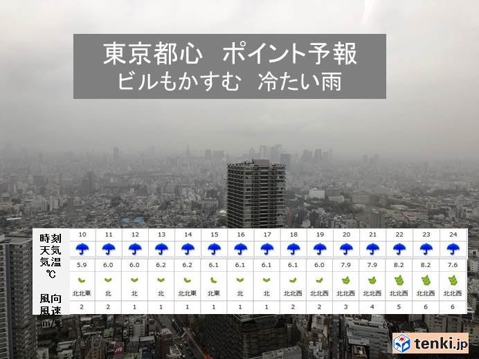 都心　10日ビルもかすむ冷たい雨