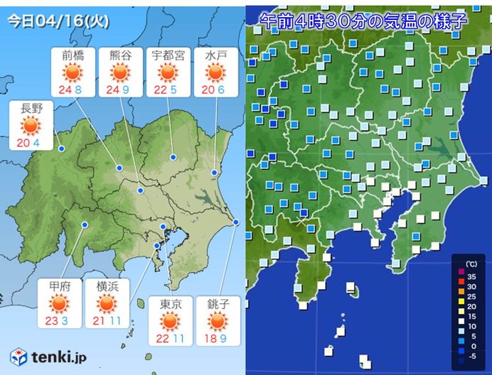 16日　関東　風収まり穏やか晴天　内陸は汗ばむほど