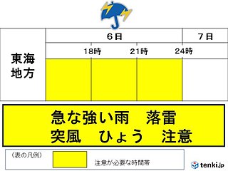 東海　6日夜遅くにかけて強雨、落雷、突風注意