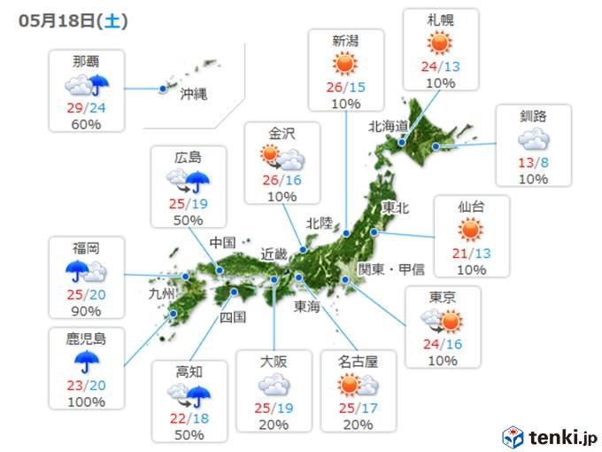 18日(土)の天気と気温