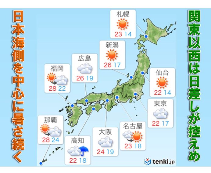 19日　関東以西は雲が多く、太平洋側で暑さ落ち着く