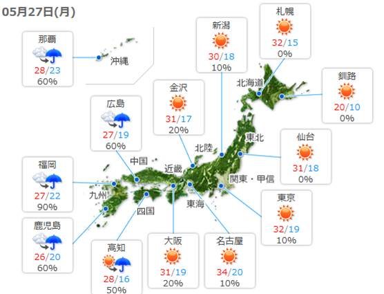 あす27日月曜日　全国天気