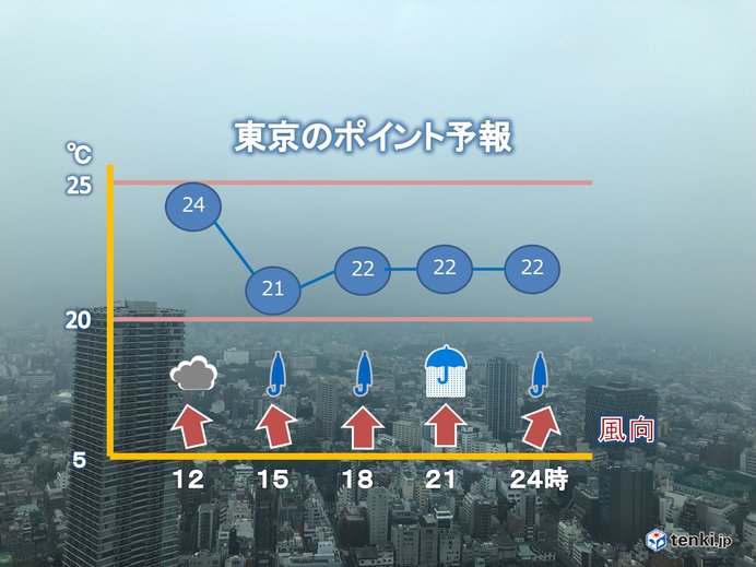 東京都心　夜は本降りの雨　南風も強まる