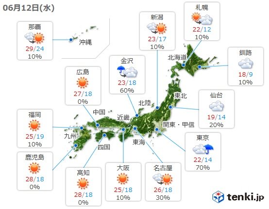 東日本中心にあすも傘の出番　近畿など梅雨の気配なし