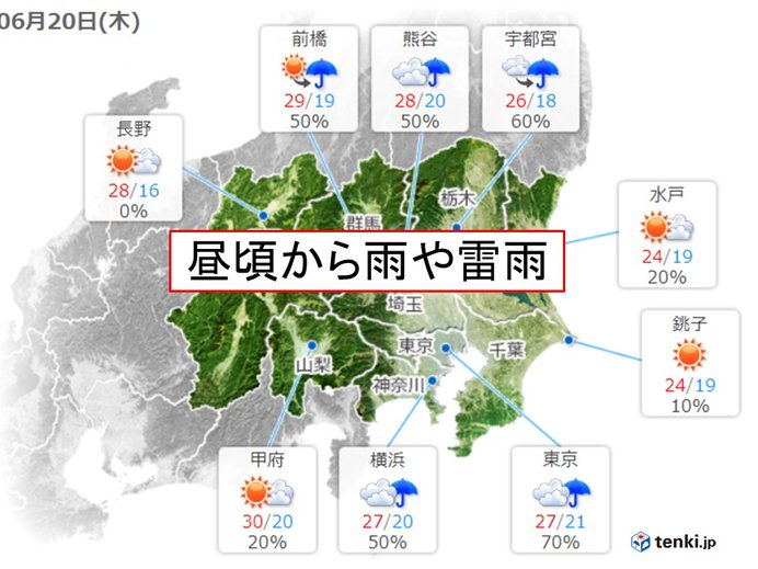 関東20日　きょうも急な雨や雷雨に注意を