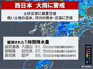 九州・四国 広い範囲で激しい雨や非常に激しい雨