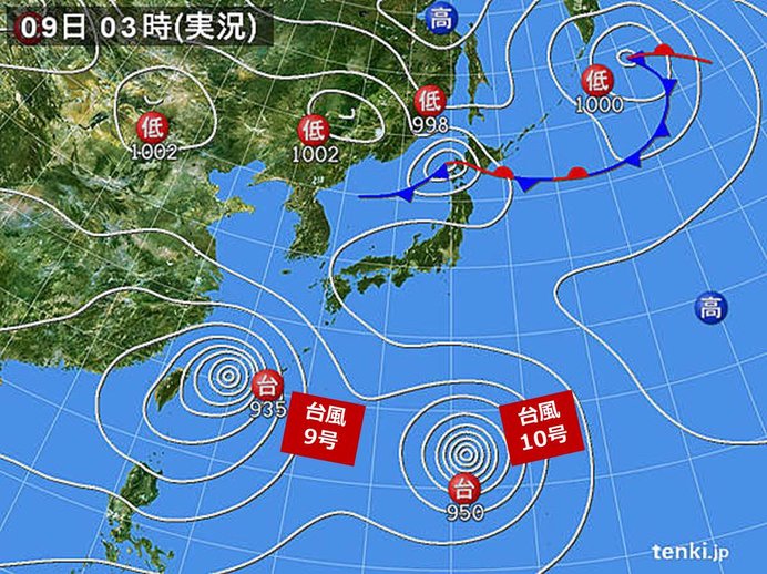 9日　台風9号で沖縄は荒天　北も大雨　猛暑にも注意