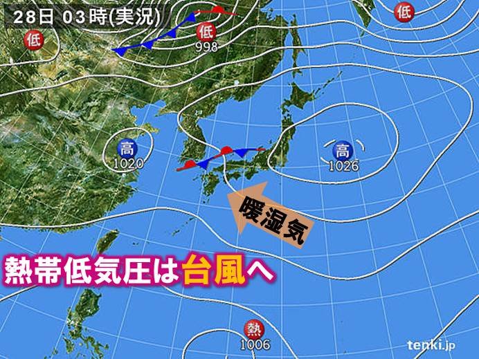 前線に暖湿気流入　九州や四国で雨雲発達　台風発生へ