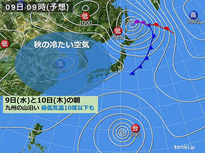 九州 秋の空気 山沿いは最低気温10度以下も 日直予報士 19年10月08日 日本気象協会 Tenki Jp