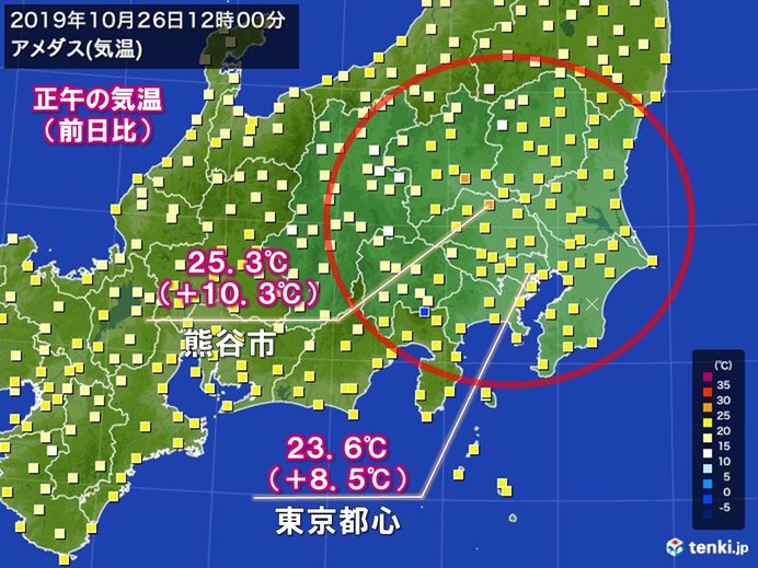 関東の気温 昨日より10度前後上昇 熊谷などで夏日 日直予報士 19年10月26日 日本気象協会 Tenki Jp