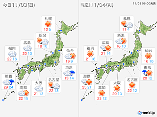 文化の日は関東で雨　月曜日は広く冷たい北風