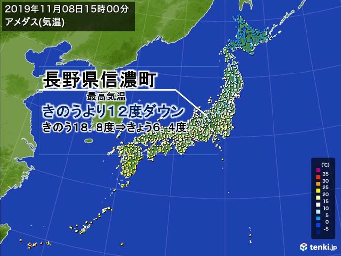 立冬 グッと寒い きのうより気温12度以上低い所も 気象予報士 日直主任 19年11月08日 日本気象協会 Tenki Jp