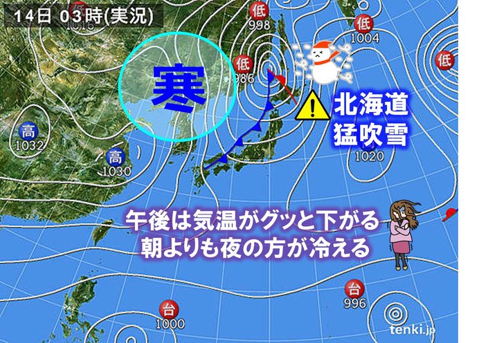 14日　全国的に午後は急に冷える　北は猛吹雪