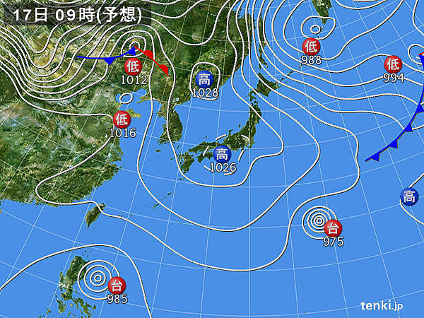 17日(日)　北海道の暴風雪おさまる　晴れ間が出る所多い