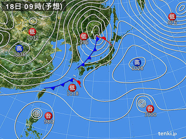 18日(月)～19日(火)　低気圧が発達　雨のあと寒気流入