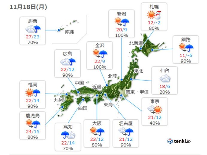 18日　前線通過で日本海側から雨　南風強まる