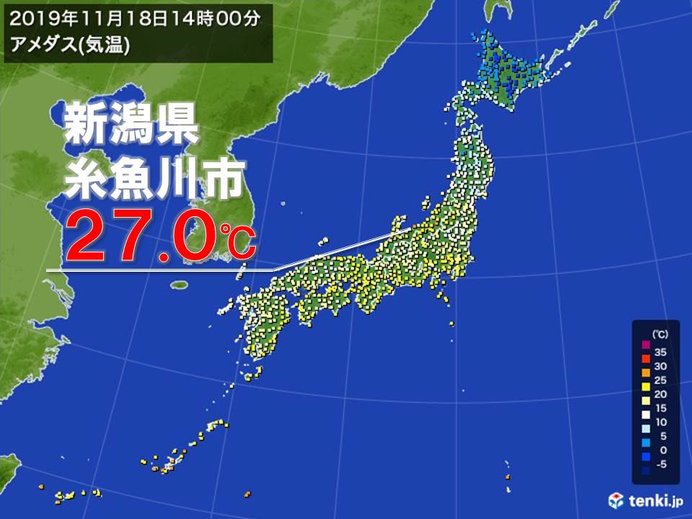 もう11月なのに…新潟県で27.0度の夏日を観測