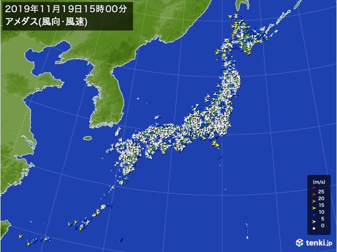 日本海に筋状の雲 風強く北日本の日本海側で雪 日直予報士 19年11月19日 日本気象協会 Tenki Jp