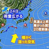 きょう24日は広く雨　激しく降る所も　気温は上昇