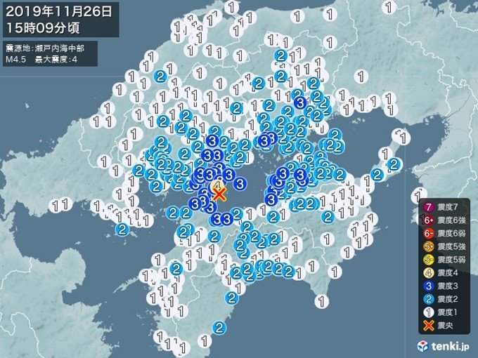 愛媛県で震度4の地震 震源地は瀬戸内海中部 日直予報士 19年11月26日 日本気象協会 Tenki Jp