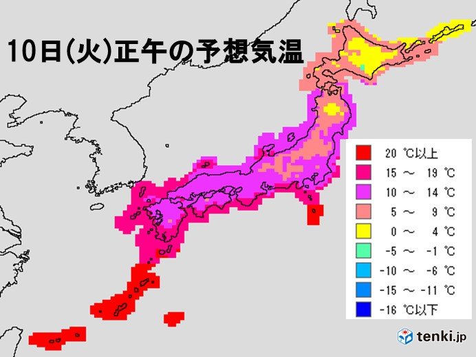きょう10日(火)の予想気温