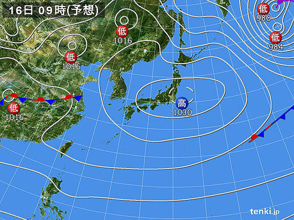 16日(月)　雨雲かかる九州　夜の冷え込みは弱い