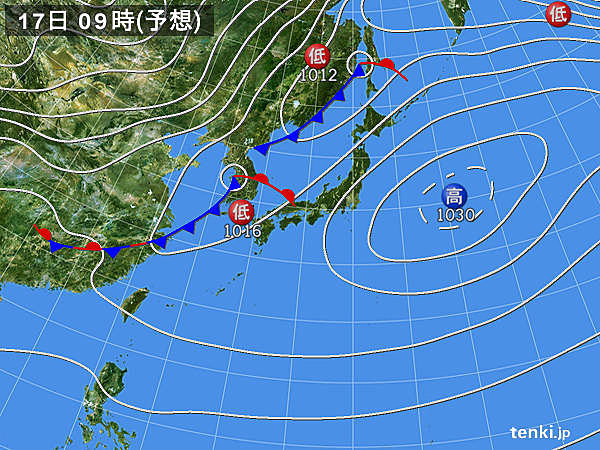 17日(火)～18日(水)　低気圧が通過　暖気流入から寒気流入へ