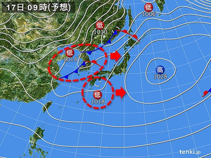 明日17日　九州から北海道で雨　11月並みの気温も