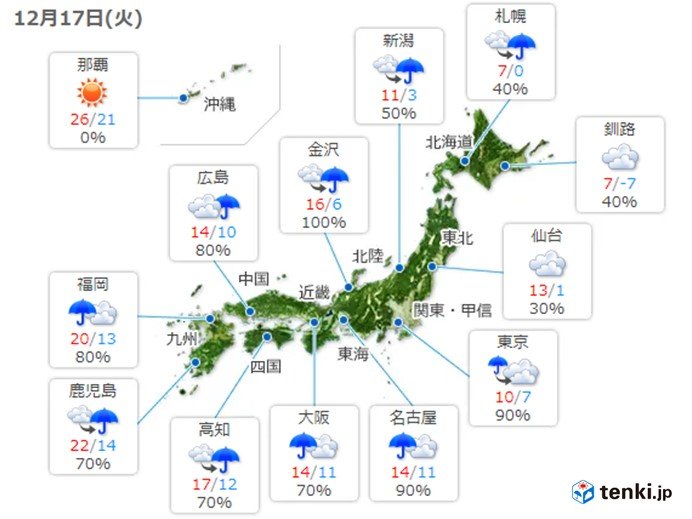 17日　広い範囲で本降りの雨　関東は冷たい雨に