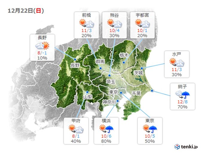 あす冬至　関東　午後は冷たい雨か雪に