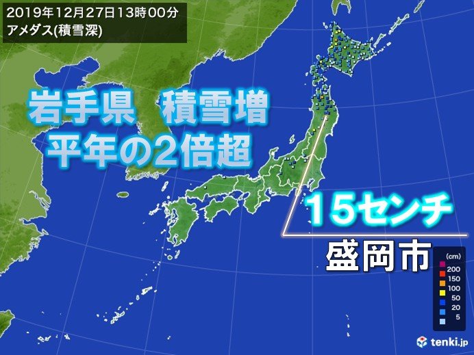 岩手県で平年2倍超の積雪 盛岡市で15センチ 日直予報士 19年12月27日 日本気象協会 Tenki Jp