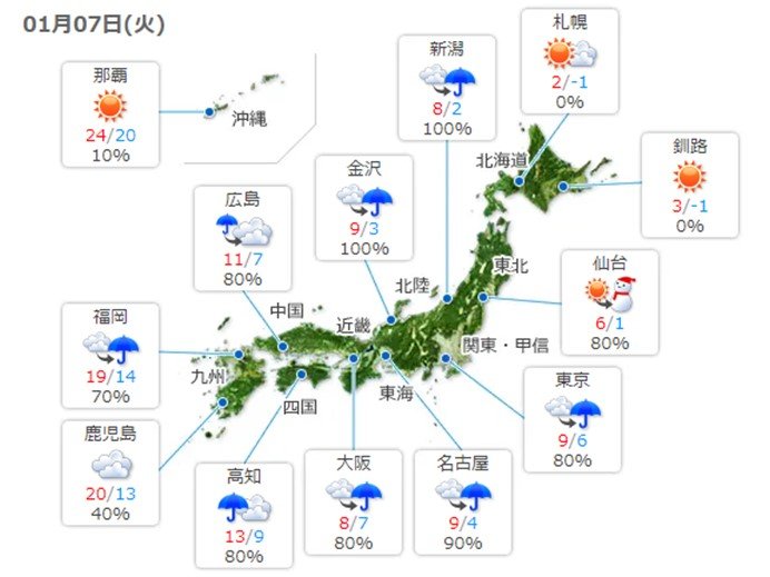 7日　広い範囲で雨　あすにかけて低気圧が急発達