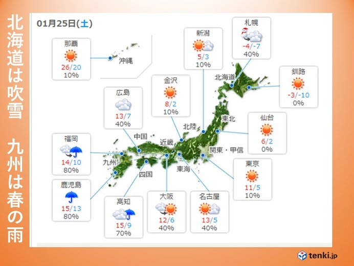 25日　北海道は冬の空　九州は春の雨