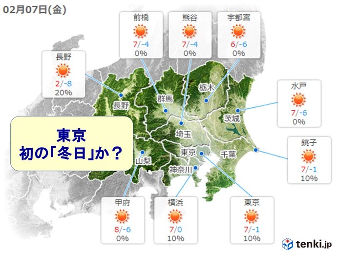 あす7(金)朝、この冬一番の冷え込みに　東京で初の「冬日」か?