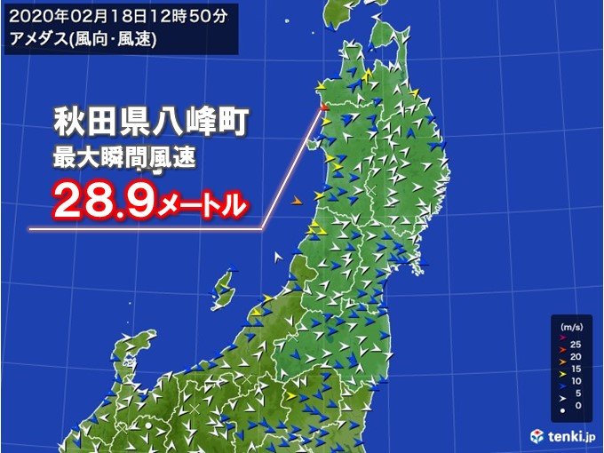 秋田県で風速28.9メートル　東北中心に大荒れ続く